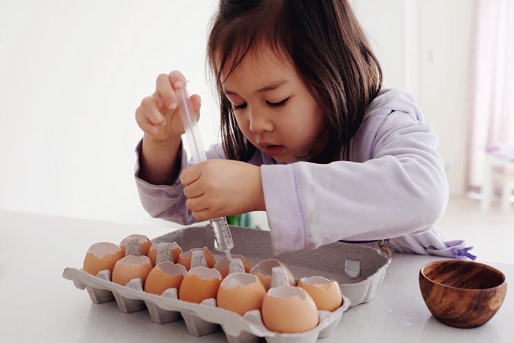 Mixed Asian girl planting seeds into eggshells, eco gardening,  homeschool montessori education, reuse concept